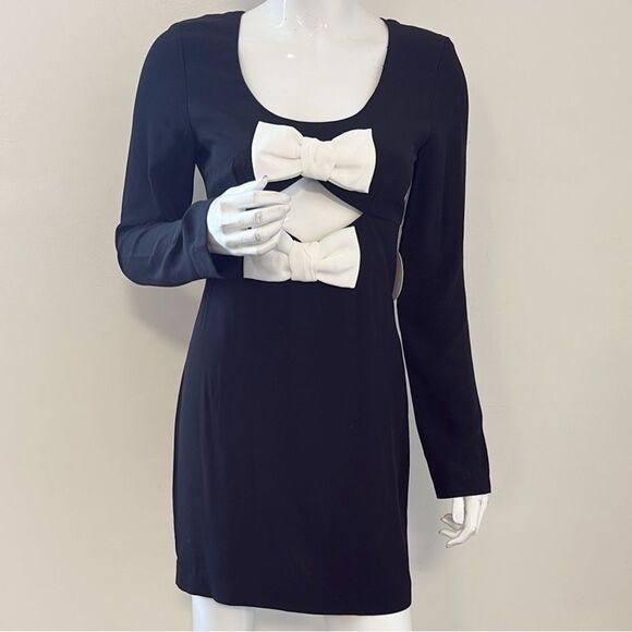 STAUD Lido Long Sleeve Crepe Mini Dress w Bow Cutout Details in Black & Opal - Picture 3 of 9